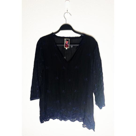 Johnny Was Tops - Johnny Was Women's V Neck Blouse Tunic Black Navy Eyelet Bohemian Hippie Sheer